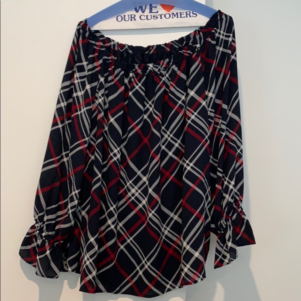 LOFT Off the Shoulder Plaid Top